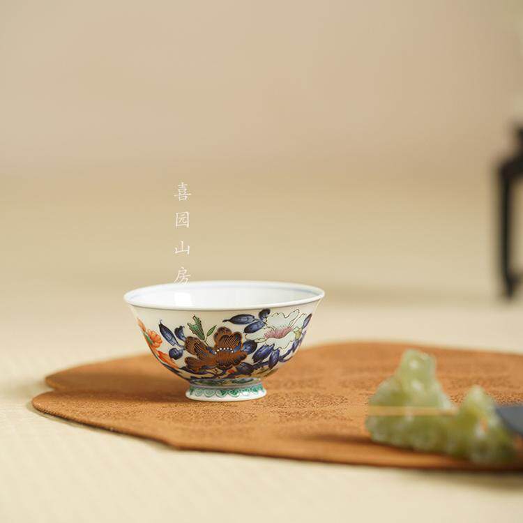 古阅和风青花古彩山茶花主人杯 景德镇高端瓷器 江华彬名窑口