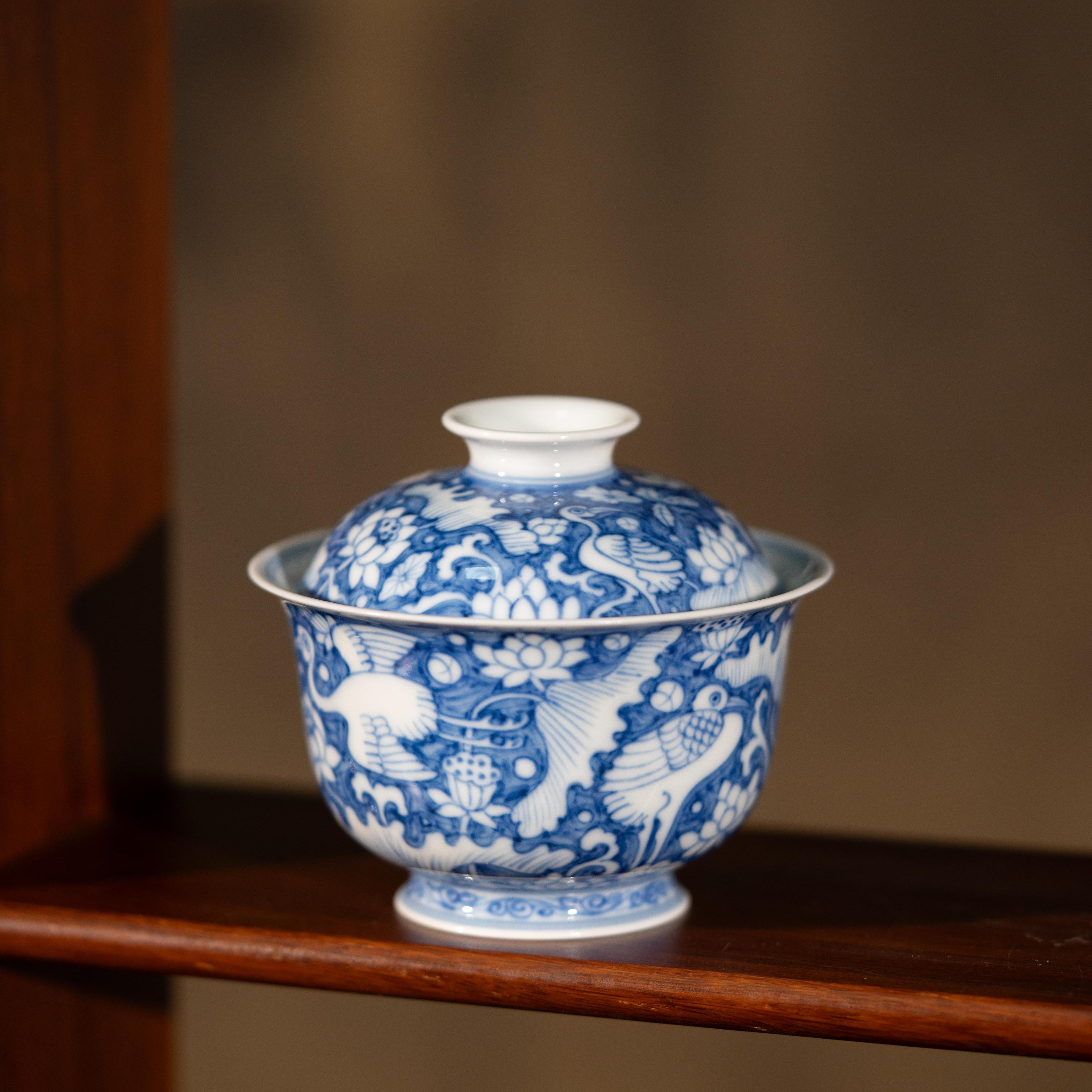 望月怀古蓝地一路连科盖碗杯子