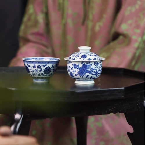 禄意窑凤凰盖碗满绘缠枝莲杯