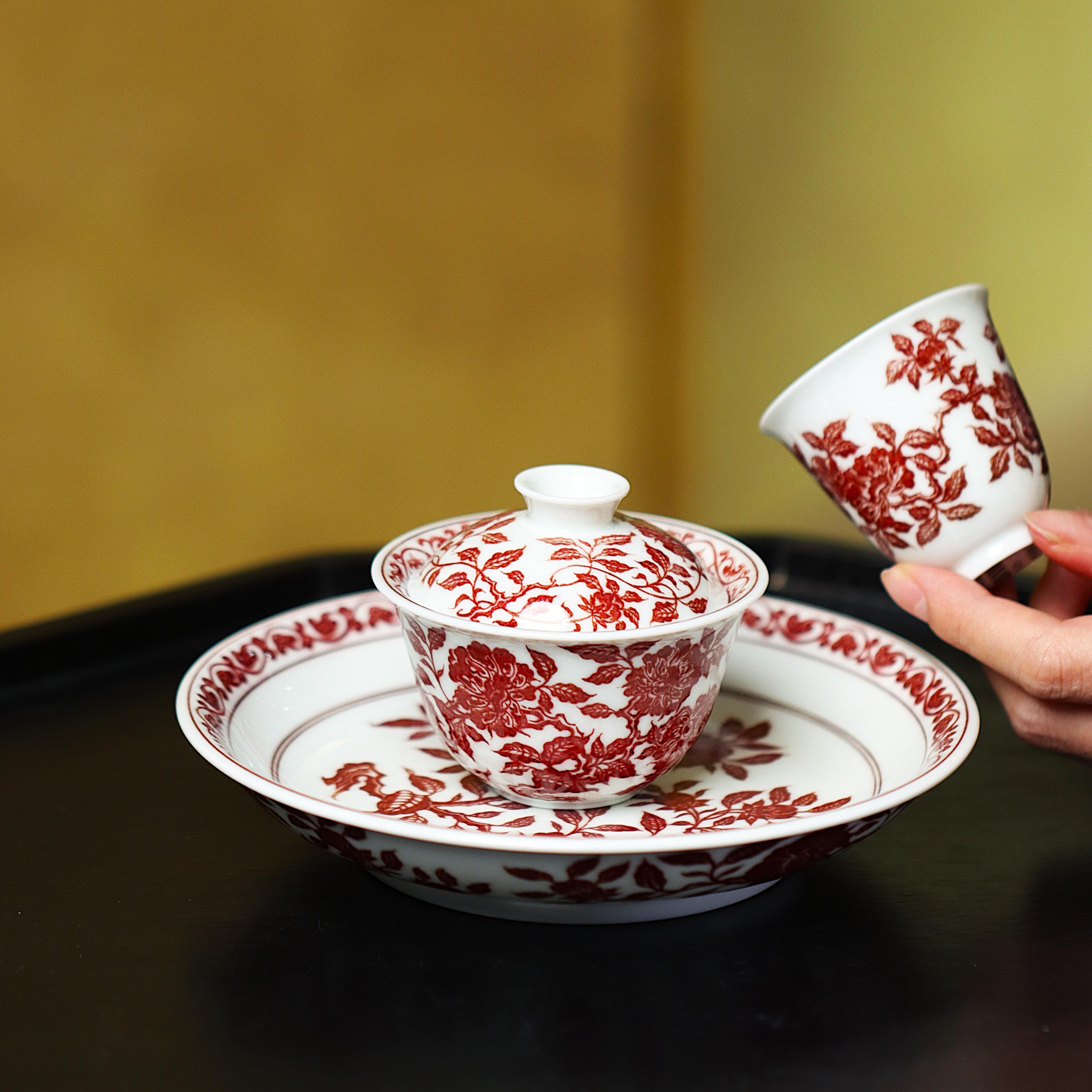 勤义堂全红山茶花小盖碗