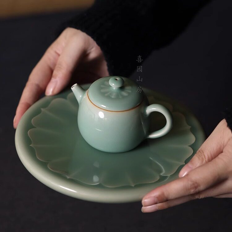 龙泉青瓷粉青壶壶承纯手作禅意