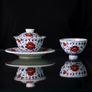 勤义堂新品 满华盖碗杯子壶承 景德镇原矿釉里红 高端茶具礼盒