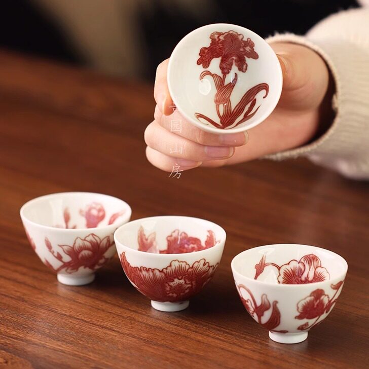 勤义堂 全红釉里红四大美人小鸡心杯 套组 买三送一 实用