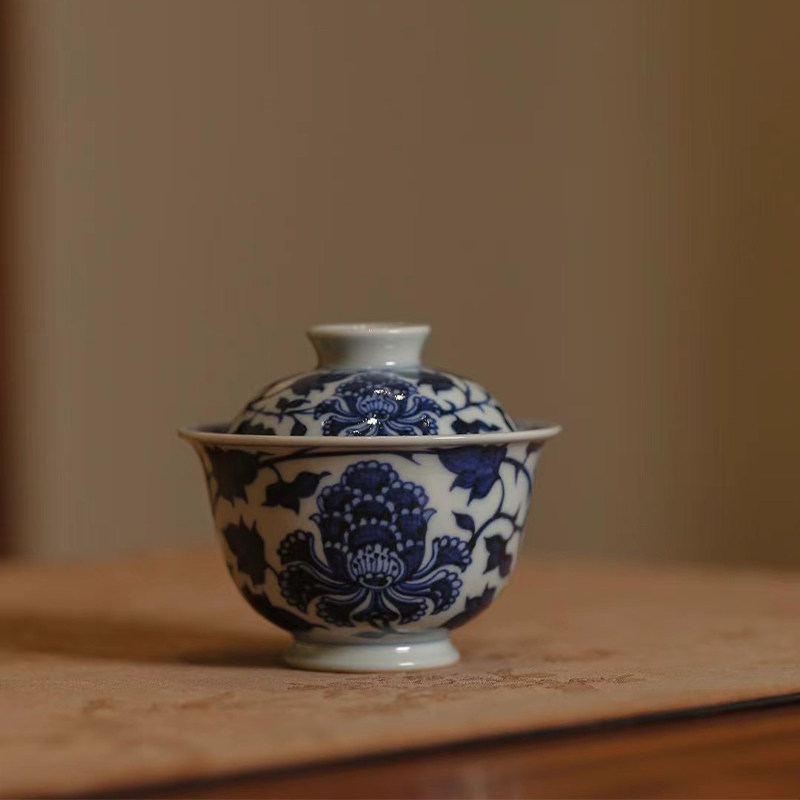 小桥窑 仿元青花 牡丹盖碗 古味十足 景德镇中式复古高端礼品