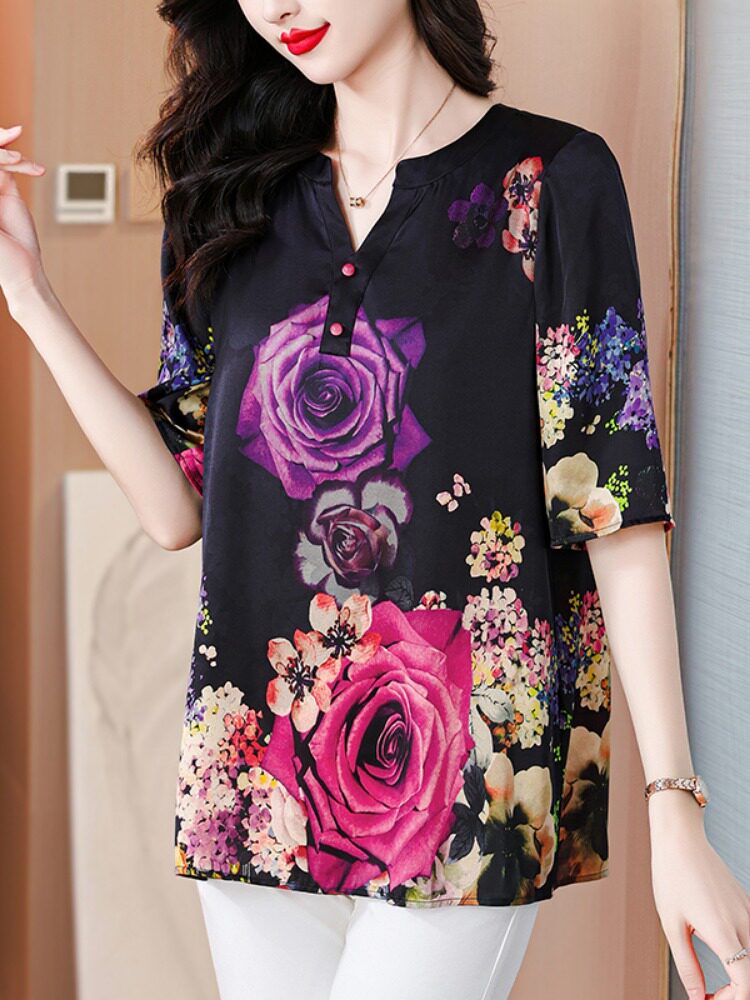 MRS. KUOS HIGH-END PRINTED SLIM SHIRT WOMENS 2024 SUMMER NEW MIDDLE-AGED MOTHERS FOREIGN AGE REDUCTION VERSATILE TOP