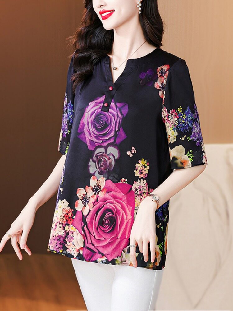 MRS. KUOS HIGH-END PRINTED SLIM SHIRT WOMENS 2024 SUMMER NEW MIDDLE-AGED MOTHERS FOREIGN AGE REDUCTION VERSATILE TOP