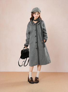 灰色秋冬宽松中长款甜美可爱毛呢外套秋冬新款系带格子加厚大衣女