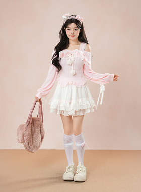 古早奈奈 秋冬新款日系甜美设计感vintage露肩蝴蝶结上衣半裙套装