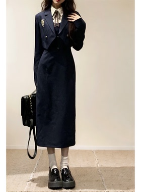 【曼哈顿女校】美式学院风套装三件套连衣裙+条纹衬衫+短西装外套