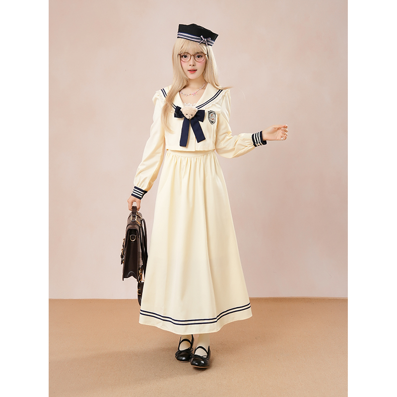 贩卖小熊 温柔少女百搭减龄学院风海军领短上衣外套+连衣长裙套装