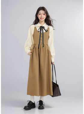 法式复古肌理感衬衫背心连衣裙女秋季叠穿外穿咖色休闲裙子套装女