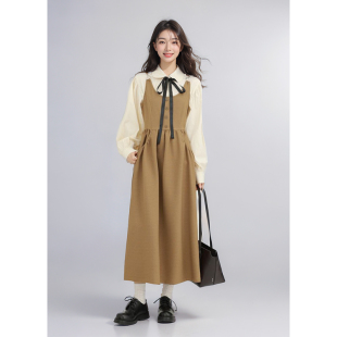 叠穿外穿咖色休闲裙子套装 背心连衣裙女秋季 女 复古肌理感衬衫 法式