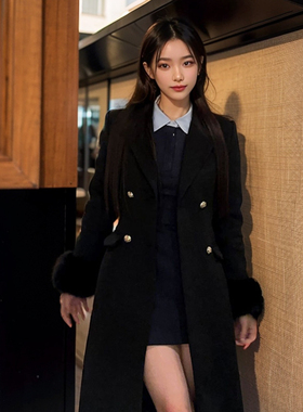 时尚气质赫本风收腰双排扣秋冬款黑色长款毛呢大衣百搭韩系外套女