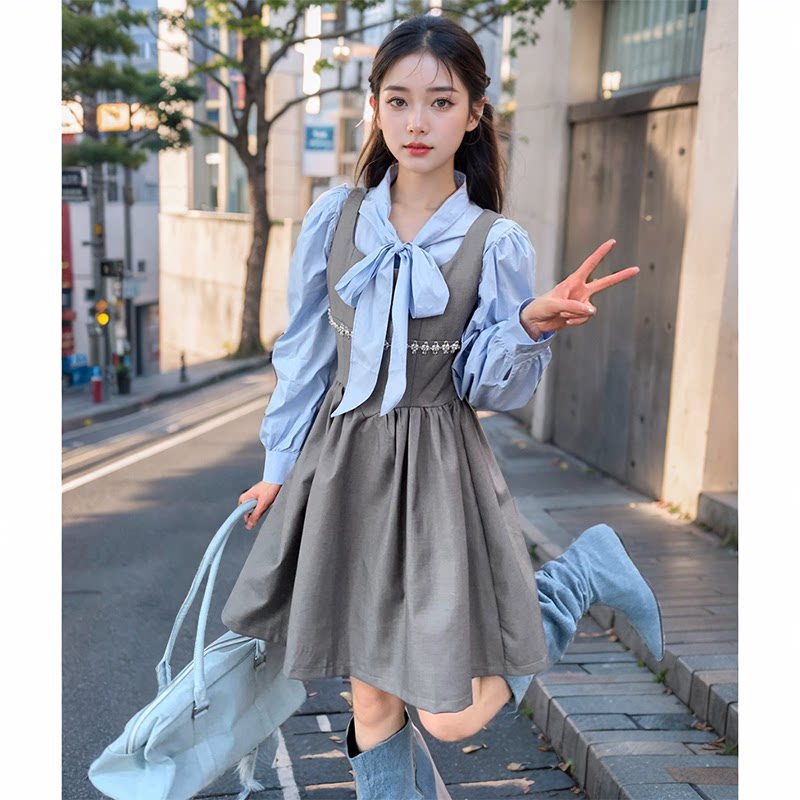 韩版时尚蝴蝶结设计感衬衫+外穿背带蓬蓬裙遮肉显瘦早秋两件套女