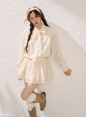 浪漫假日 初秋法式镂空花朵飘带领衬衫女外套显瘦蛋糕裙半裙套装