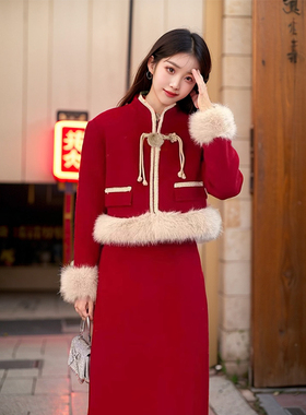 新中式国风女装2025新款秋冬装搭配一整套红色圣诞小香风套装