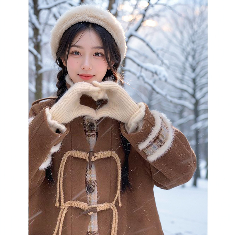 甜美小众设计呢子大衣女2025秋冬新款棕色格纹拼接高级感毛呢外套