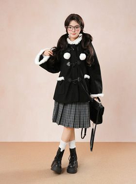 【虚拟冬季】地球人亚文化牛角扣连帽斗篷毛呢外套小个子2025年女