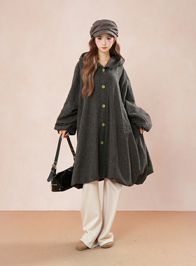 日系复古vintage设计感连帽花苞下摆中长款宽松毛呢大衣外套冬季