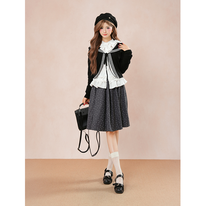 文艺少女风套装 日系古早甜美开衫+衬衫+半裙三件套2025秋小个子