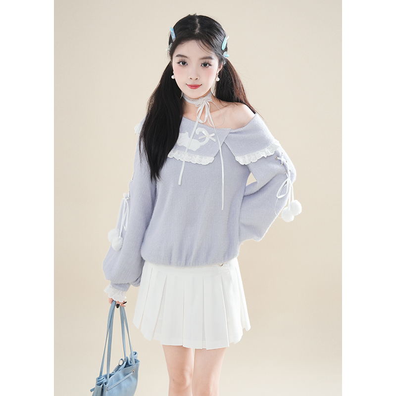 星愿猫 可爱花领斜肩毛衣工褶半裙两件套2025秋冬新款甜美风套装