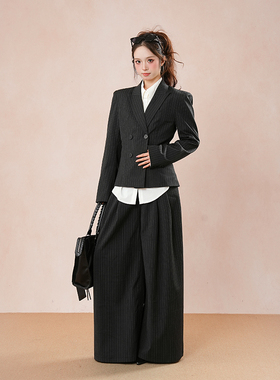 美式复古内搭衬衫+条纹阔腿裤+西装外套套装小众修身酷辣三件套女