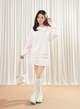 【斜肩系带卫衣】蝴蝶结绑带斜肩卫衣女套头早秋上衣百褶短裙套装