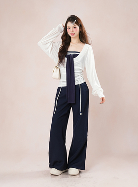 【简律叠白】2025年早秋新款套装条纹内搭+白色罩衫+阔腿裤三件套