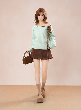 酪梨奶绿 韩系甜美一字肩波点绑带明线装饰上衣木耳花边半裙套装