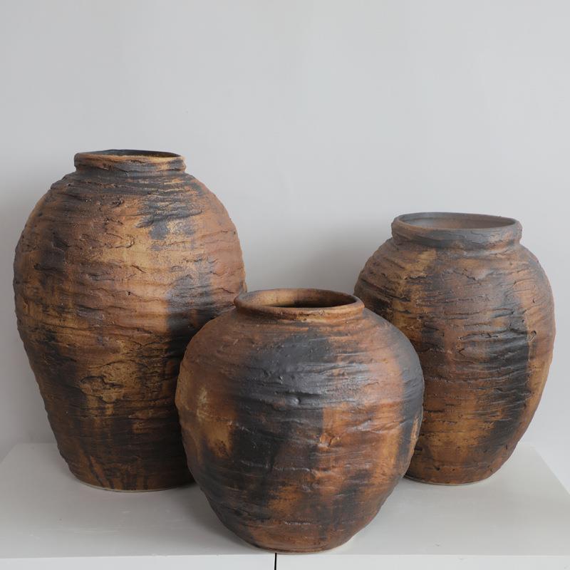 粗陶陶罐花瓶复古陶瓷花器侘寂风摆件老土陶罐缸水培花瓶民宿装饰