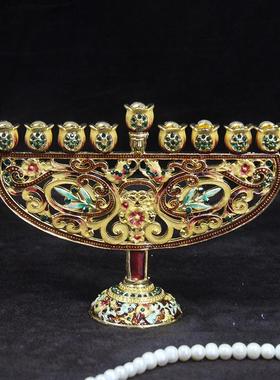 外贸欧式金属烛台摆件珐琅彩镶钻犹太教复古金色灯台跨境