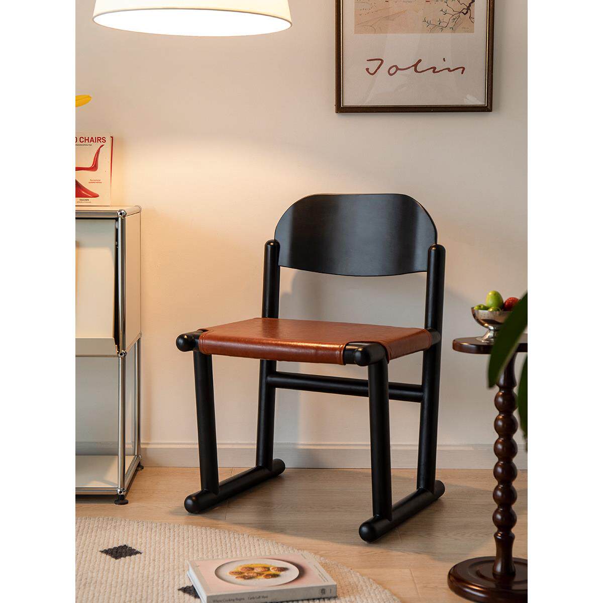 中古实木餐椅家用复古小户型休闲靠背椅皮革餐桌设计师椅子