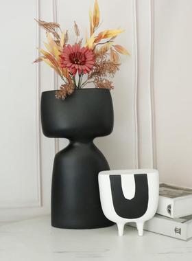 板房树脂抽象人物雕塑异形插花器 现代简约黑白几何装饰摆件北欧