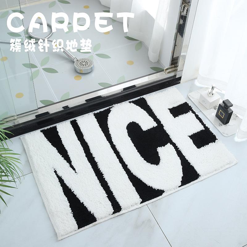 跨境簇绒加厚植绒地毯卫生间软字母吸水地垫家用浴室地垫黑白地毯