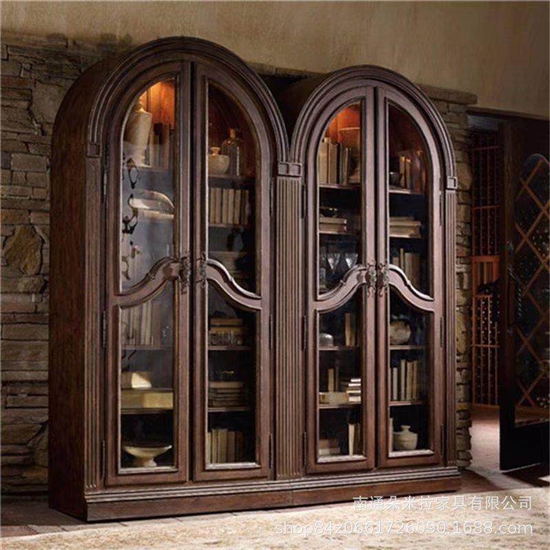 出口美式乡村两门书柜复古做旧酒柜玻璃门展示柜
