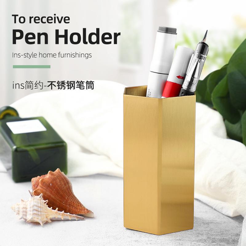 轻奢金属不锈钢六边菱形笔筒办公文具收纳筒桌面摆件六角置物筒