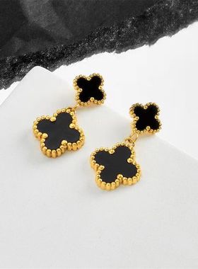 铜合金亚克力耳饰四叶草耳环轻奢小众高级感红色耳钉气质耳坠女