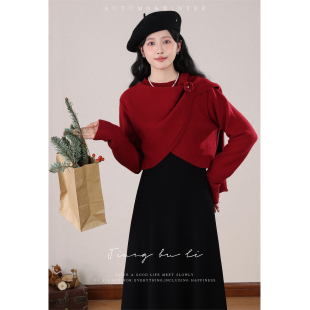 女秋冬连衣裙毛衣罩衫 江不离 圣诞穿搭套装 法式 两件套 赤茶玫瑰