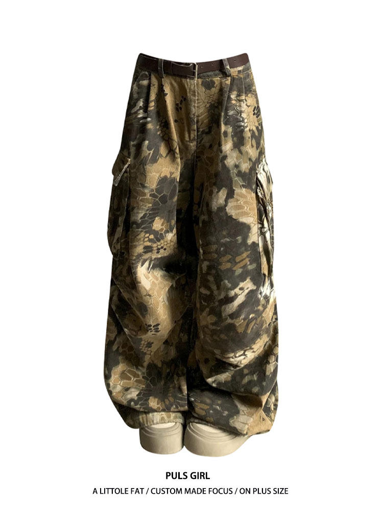 여성을위한 대형 미국 복고풍 위장 뱀 패턴 멀티 포켓 작업 청바지 2024 새로운 느슨한 넓은 다리 바닥 청소 바지