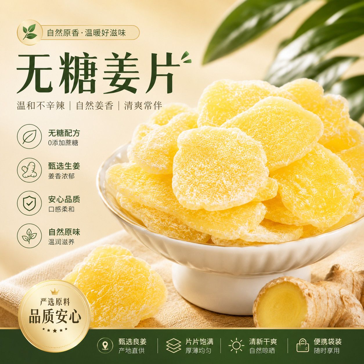 无糖姜片小黄姜切片无蔗糖泡水煮水农家手工整箱老姜干货开袋即食
