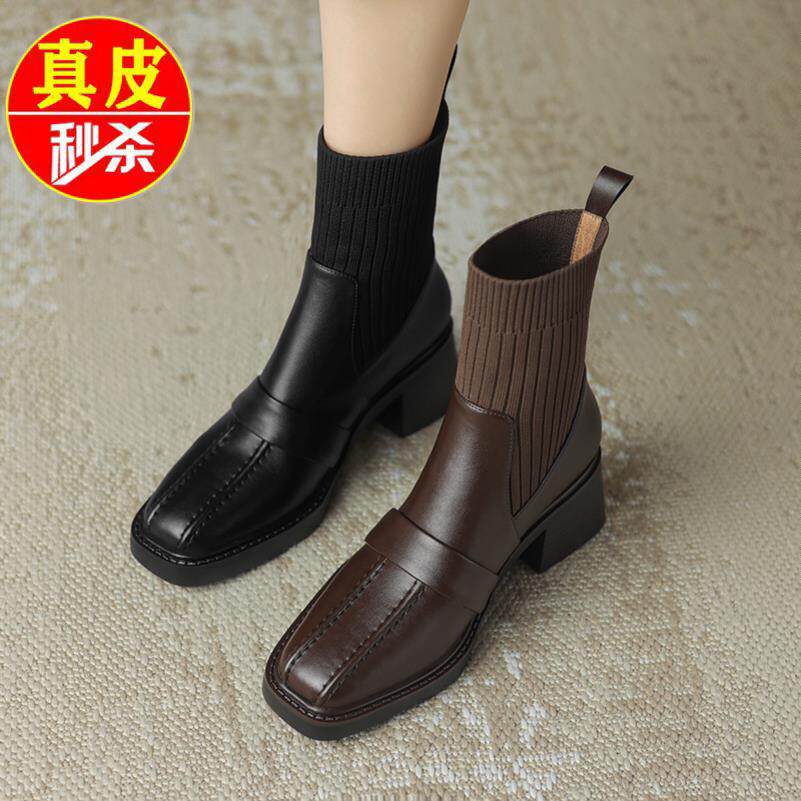 品牌真皮法式瘦瘦短靴女2025冬季新款平底马丁靴一脚蹬弹力袜靴子
