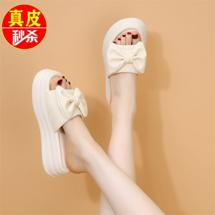 真皮厚底蝴蝶结凉拖鞋女2025夏季新款外穿洋气百搭不累脚一字拖鞋