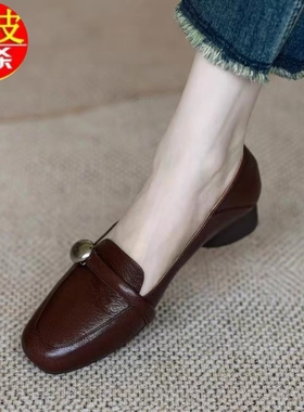 品牌法式复古棕色单鞋女2025秋新款通勤平底小皮鞋一脚蹬浅口单鞋