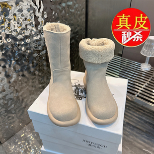 品牌鞋真皮平底马丁靴女加绒雪地靴2025冬季新款文艺复古中筒靴子