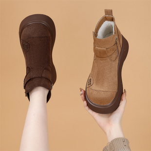 品牌真皮厚底雪地靴女2025新款冬季加绒保暖软底勃肯棉鞋复古短靴