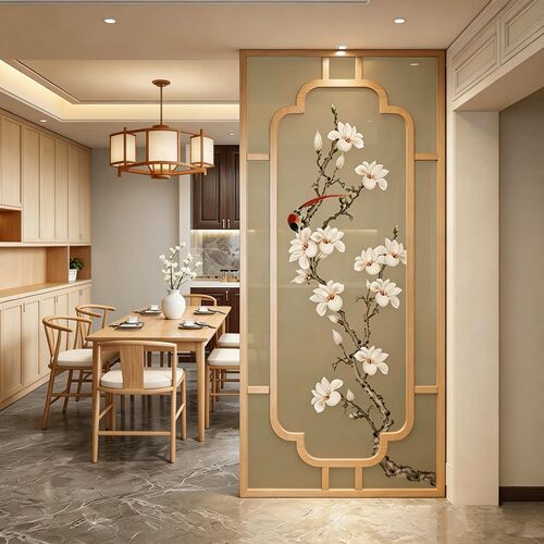 新中式屏风隔断家用客厅餐厅玄关茶室遮挡花鸟乔其纱实木装饰定制