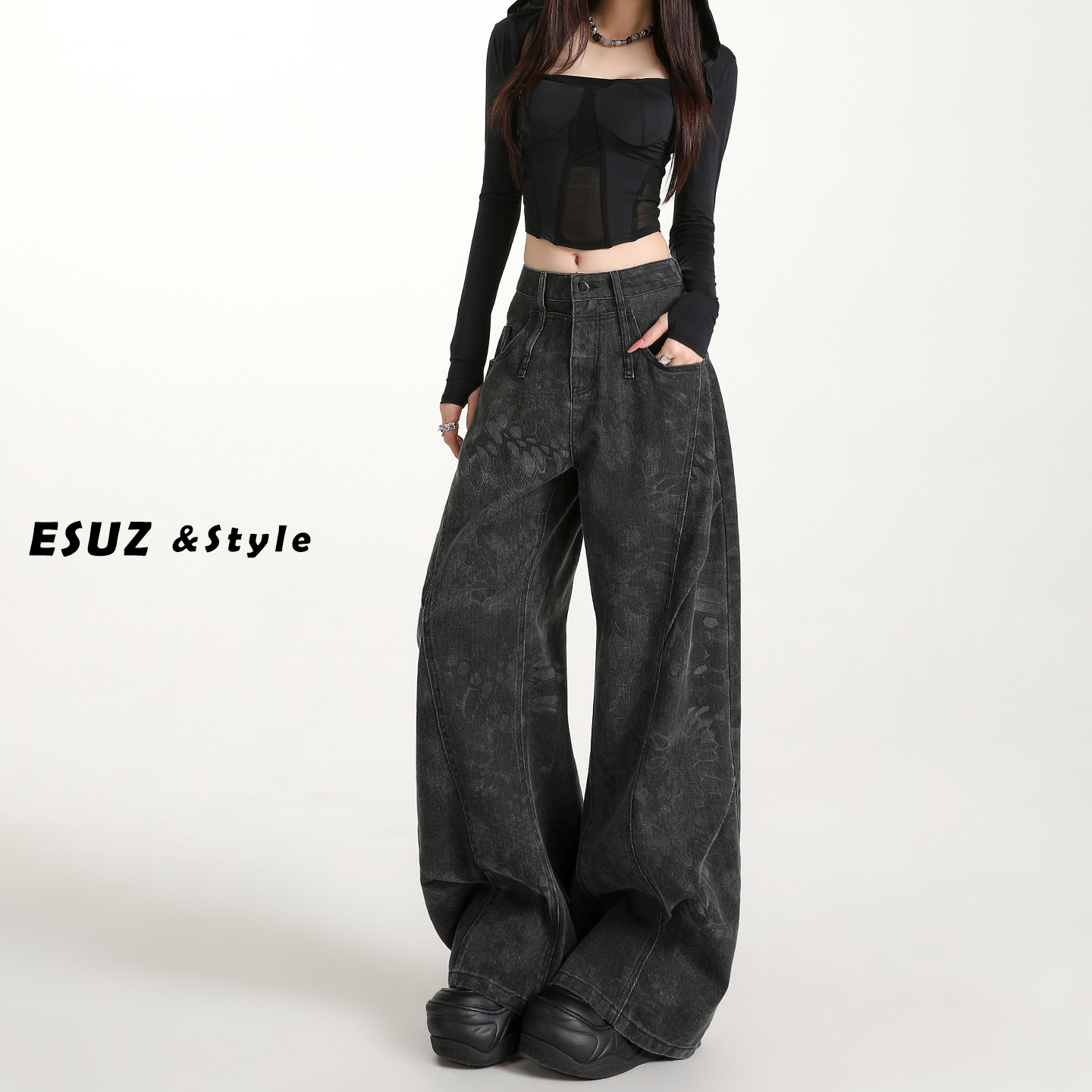黑色印花工装牛仔裤女秋季新款小众设计感高腰宽松解构弯刀阔腿裤