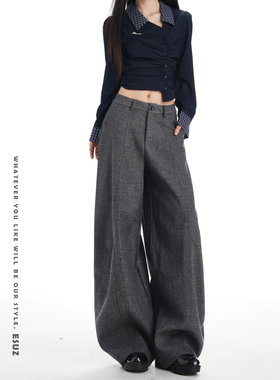 深灰色毛呢西装阔腿裤女2025冬季新款高腰慵懒垂感宽松直筒休闲裤