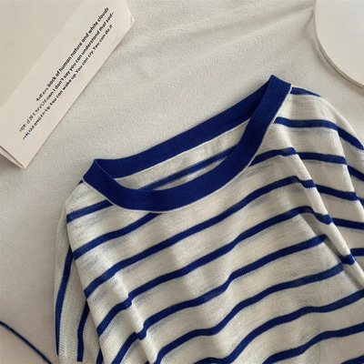 蓝色条纹防晒罩衫宽松长袖春夏季
