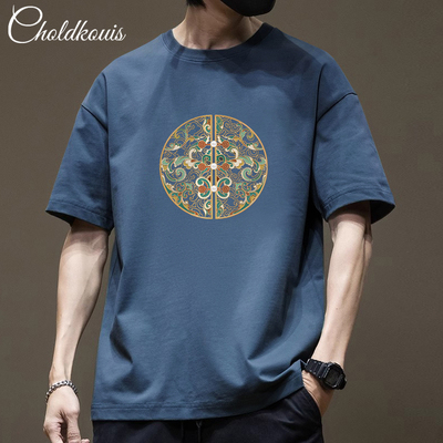 美式国潮印花短袖T恤男士夏季新款重磅纯棉休闲宽松圆领半袖上衣